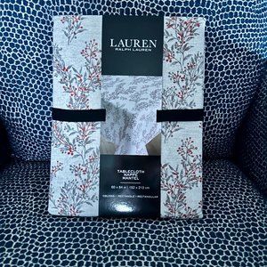 Lauren Ralph Lauren Christmas Tablecloth | Silver Leaf with Red Berries| 60 x 84